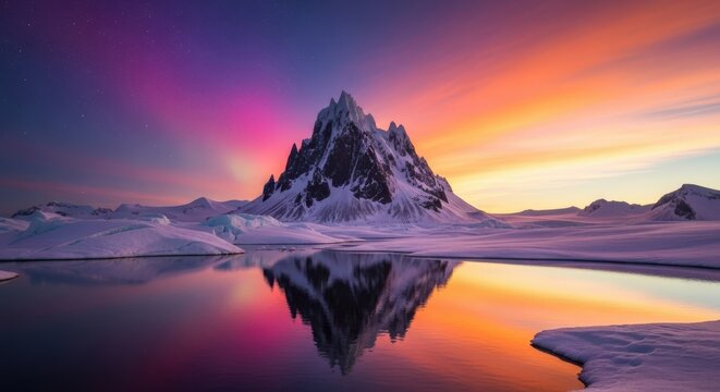 Mountain peak reflected in water at colorful sunset in winter landscape