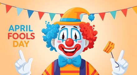 A cheerful clown holding a bouquet of flowers and a sign that reads april fools day