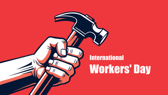 International workers day illustration with a hand holding a hammer on red background