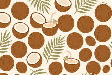 Obraz premium Colorful pattern of coconut drinks and leaves on a light background showing a tropical theme