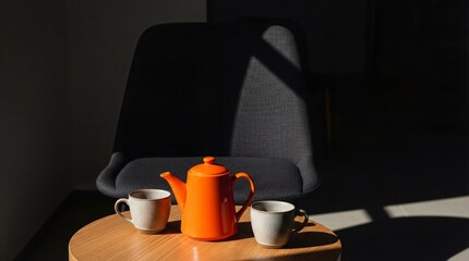 Minimalist tea set with orange teapot and ceramic cups on wooden table in morning sunlight cozy home interior concept