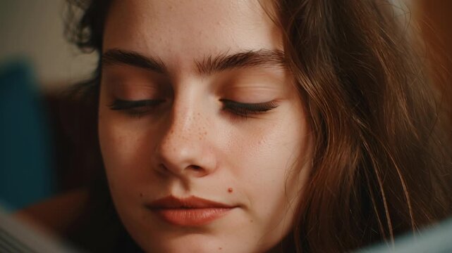 A woman with brown hair is reading a book. She has blue eyes and a nose. Student rereading feedback on a printed page, eyebrows relaxing, subtle moment of clarity and growth, soft neutral tones