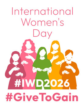 Give to Gain campaign pose. International Women's Day 2026. Diverse women demonstrate open palms giving gesture, with hand on their hearts to show generosity, collaboration and support for all women