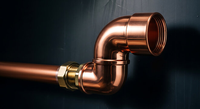 Metallic gloss copper colored CPVC plumbing pipe elbow assembly connector component isolated on dark backdrop representing professional building construction installation hardware equipment