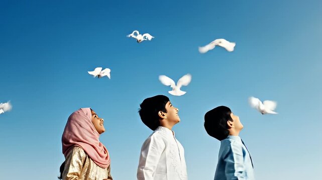 Children releasing doves into the sky symbolizing peace and hope.