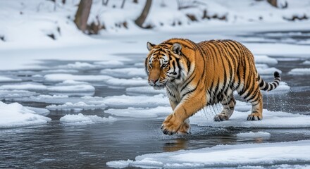 Obraz premium Majestic bengal tiger crossing icy river in snowy winter forest scene highlighting wildlife beauty and survival instincts in nature