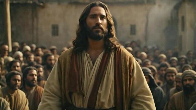 Jesus Christ preaching to a crowd of people in Israel. Religious biblical concept