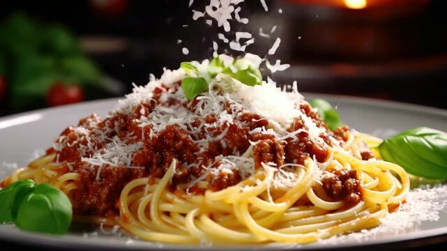 A plate of spaghetti with meat sauce and cheese. The sauce is sprinkled with Parmesan cheese. There is also a small amount of basil on the plate