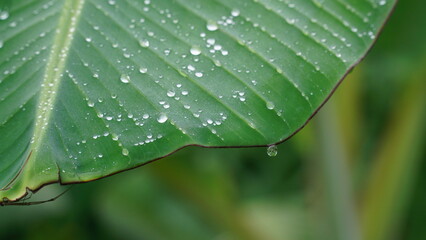 Close-up of a banana leaf with dewdrops on the surface, showing clear texture and selective focus
