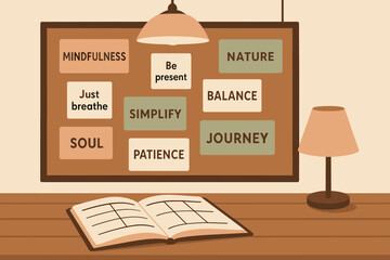 Fototapeta premium Tips for mindfulness and personal growth shown on a bulletin board in a cozy workspace