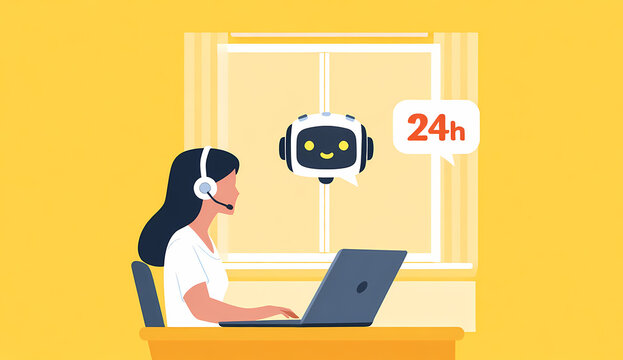 24/7 Servizio Clienti AI con Assistente Virtuale e Operatore con Cuffie su Sfondo Giallo Illustrazione Moderna per Supporto Digitale