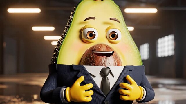 A cartoon avocado character wearing a suit stands in an industrial warehouse with fluorescent lighting