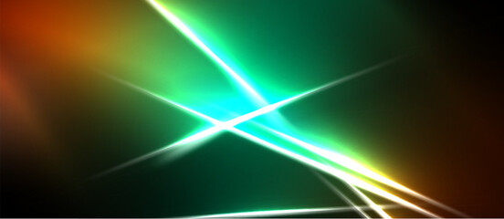 Naklejka premium Abstract vibrant light streaks intersect. Green dominates, orange accents present. Dark background emphasizes luminosity, creating dynamic visual effect.