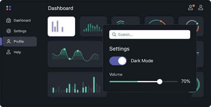 Dark Mode Analytics Dashboard UI Interface Featuring Data Visualization, Settings Panel, Charts And User Control Panel Vector Design