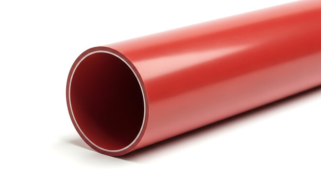 Vibrant red CPVC tube specimen isolated on a plain white backdrop displaying a flawless polished interior and exterior finish representing professional plumbing and industrial piping systems.