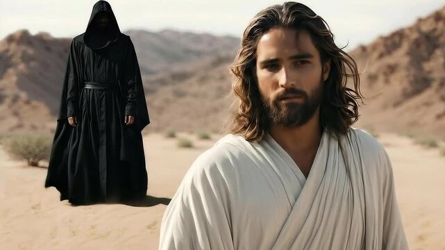 The Devil tempted and tested Jesus Christ in the desert. Bible scene theme concept.