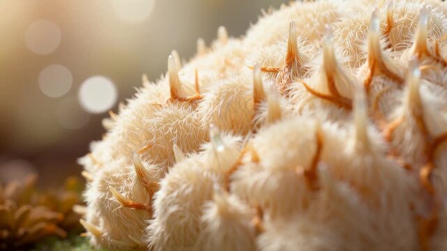 Hericium erinaceus, or lions mane mushrooms, are known for their spiky appearance. This image is perfect for food blogs, health websites, or educational material.