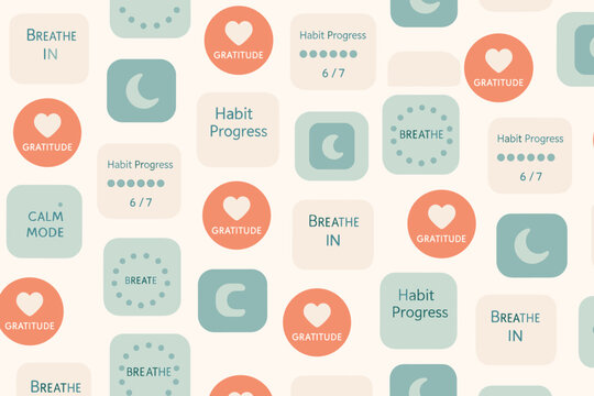 Patterns of simple words and symbols used to promote mindfulness and personal growth in a calm setting during the day