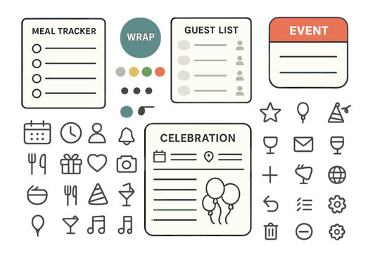 Planning a celebration with meal tracker, guest list, and event details on a simple layout with icons