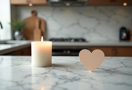 Marble table top, living room at background. Concept for Christmas, Valentine's Day, Mother's Day Women's Day flat lay, copy space, place for text.