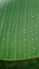 Close-up of a banana leaf with dewdrops on the surface, showing clear texture and selective focus