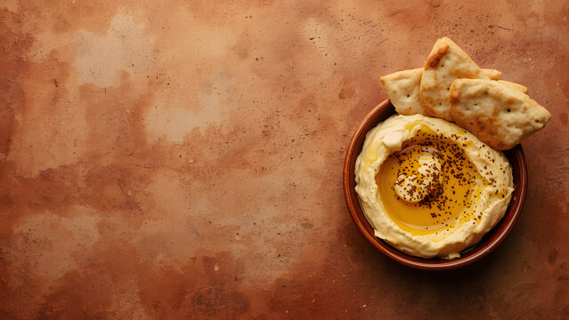 Hummus dip with pita bread and olive oil