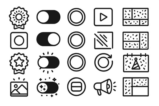 Icons used in user interface design for buttons, toggles, and notifications displayed on white background