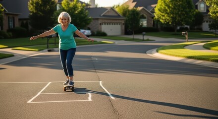 Obraz premium Elderly caucasian female enjoying skateboard ride in suburban neighborhood on sunny day