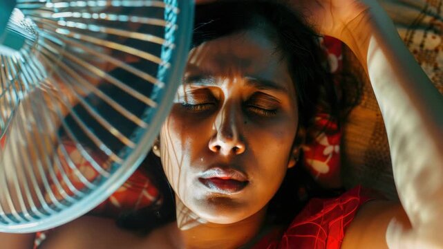 A woman lying in bed with her eyes closed, looking calm and relaxed under a fan.