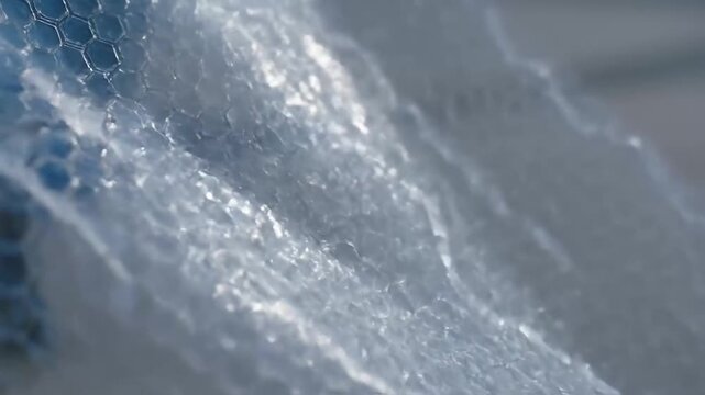 Intricate close-up of a translucent, patterned surface revealing a detailed, synthetic texture under soft light, creating an abstract and modern visual for backgrounds and design concepts