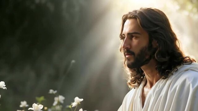 Jesus Christ in the garden of Eden. Religious concept with copy space.