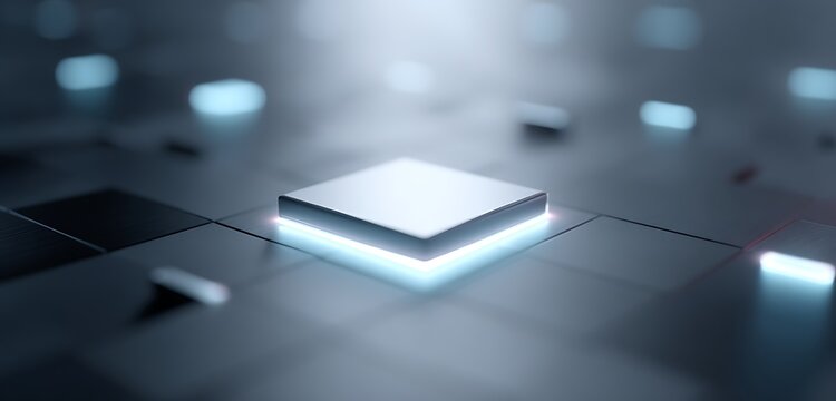 Glowing white microchip on dark metallic background with blue light