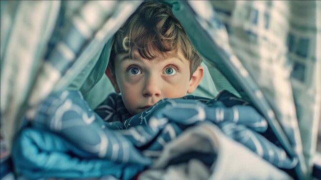 A young child with blue eyes is looking out from a canopy bed with a blue patterned sheet. The child appears curious and the evokes a sense of childhood innocence.