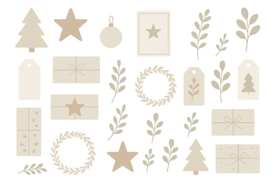 Various shapes and designs of gifts, trees, and leaves for holiday decoration on a white background