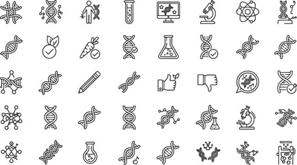 Genetics and biotechnology outline icon set with DNA helix, genetic research, laboratory testing and bioengineering symbols isolated on white background vector collection © Mstferdoshi