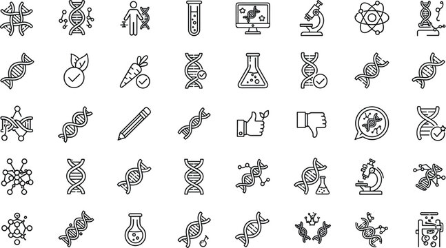 Genetics and biotechnology outline icon set with DNA helix, genetic research, laboratory testing and bioengineering symbols isolated on white background vector collection