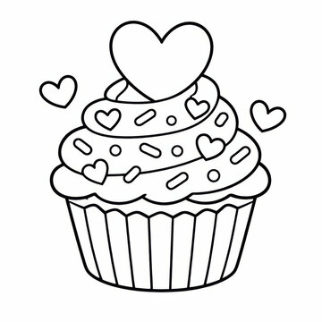 Charming black and white coloring page of Valentine cupcake with frosting. sweet treat featuring heart topper and sprinkles, happy dessert illustration easy for kid