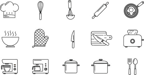 Obraz premium Kitchen Cooking And Culinary Equipment Icon Set Featuring Chef Tools, Utensils, Appliances And Food Preparation Line Vector Collection
