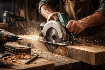 Focused artisan woodworking close up with power tools in motion. carpenter cuts wood, showcasing rugged textures, industrial lighting, and realistic craftsmanship in workshop