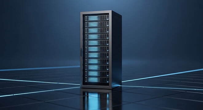 Minimalist modern server rack on dark grid surface symbolizing data center cloud infrastructure, network computing hardware, digital storage facility, and high-tech internet connectivity system