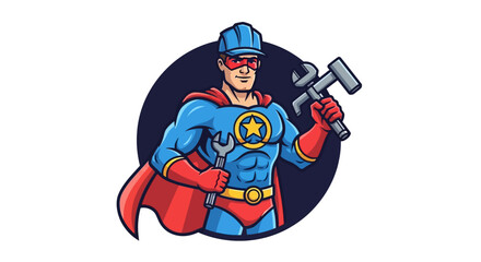 Obraz premium Dynamic Illustration of a Heroic Figure with Tools Against a Bold Background