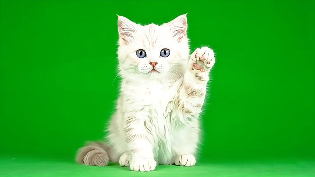Adorable fluffy white kitten with bright blue eyes raises its paw in a playful gesture, possibly waving or requesting attention, set against a vibrant green screen background, perfect for compositing