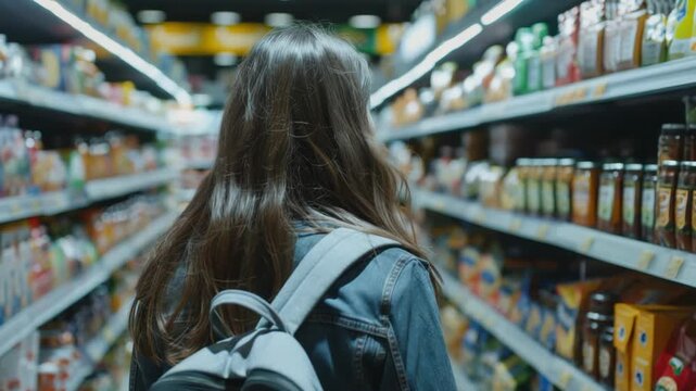 A woman wearing a backpack with long hair walks down the snack aisle of a supermarket, browsing for food items. The aisle is well-lit and filled with various packaged snacks.