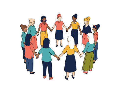 Circle of diverse women holding hands against a white background