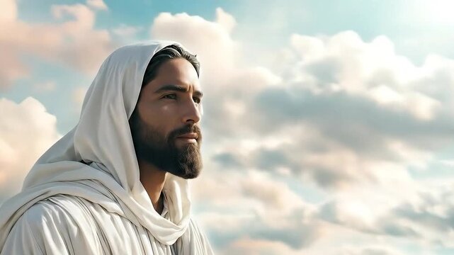 Jesus Christ in a bright sky background. Religious spiritual theme concept with copy space.