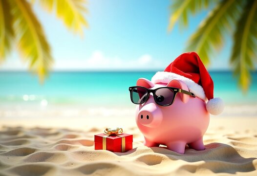 Close up of pink piggy bank with sunglasses and hat, sunny day at summer or winter vacation, at sea beach or pool, sea or ocean background. saving money concept