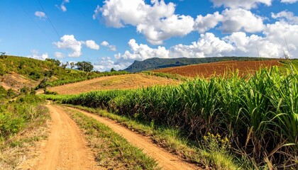 まっすぐ続く緑のサトウキビ畑