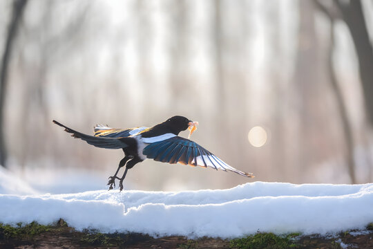 Magpie landing on snowy ground with food in beak
