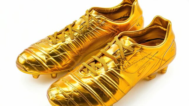 Shiny golden soccer boots with laces up.