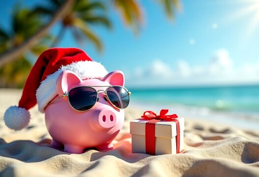 Close up of pink piggy bank with sunglasses and hat, sunny day at summer or winter vacation, at sea beach or pool, sea or ocean background. saving money concept